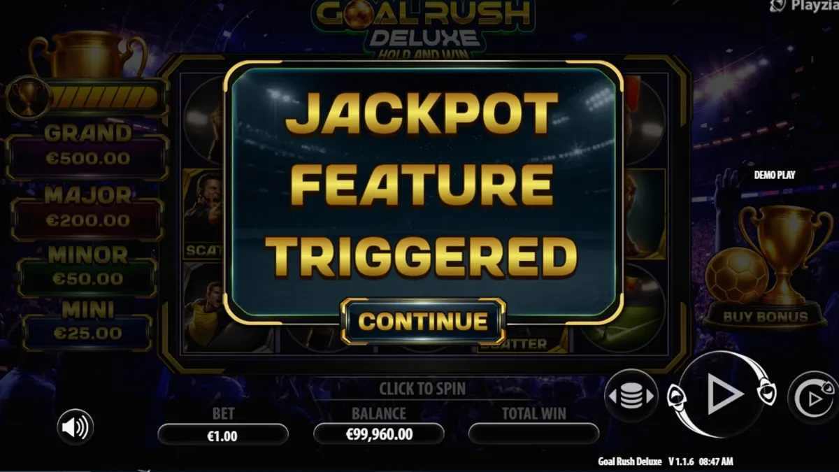 Interface do jogo Goal Rush Deluxe Hold and Win com temática de estádio de futebol